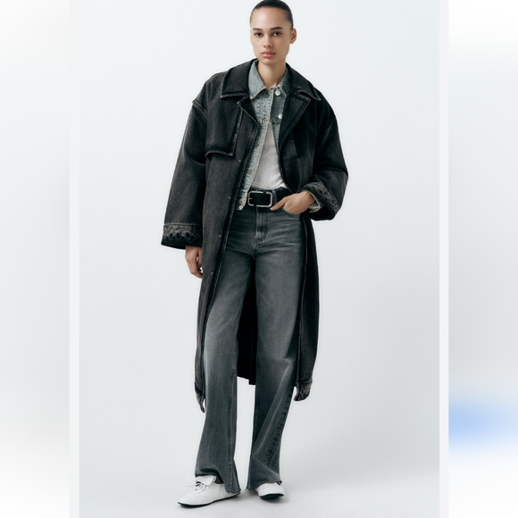 ZARA Denim Trench Coat Jacket Long Oversized Size L/XL - Picture 10 of 11